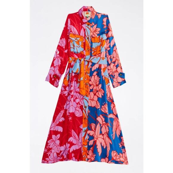 Farm Rio Mixed Living Nature Shirt Dress Midi Size M Medium Boho Tropical Print - Picture 1 of 14